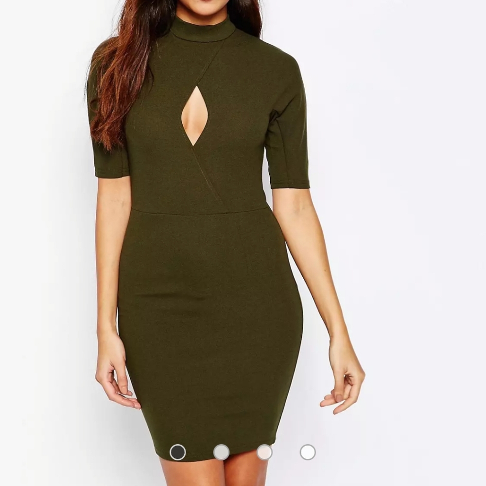 ASOS AX Paris Bodycon Dresss with Key Hole and Three Quarter Sleeves, US4, Green